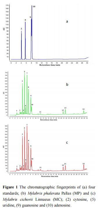 The chromatographic fingerprints of (a) four standards; (b) Mylabris phalerata Pallas (MP) and (c) Mylabris cichorii Linnaeus (MC); (2) cytosine, (5) uridine, (9) guanosine and (10) adenosine.