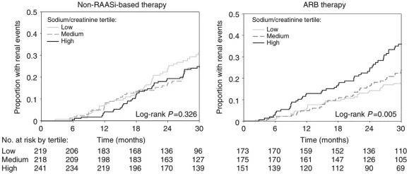 Figure 1. Kaplan-Meier curves for renal events by tertiles of 24-hour urinary sodium-creatinine ratio (<121 mmol/g; 121 to <153 mmol/g; ≥153 mmol/g) among RENAAL and IDNT trial participants on non–RAASi-based therapy and ARB therapy.