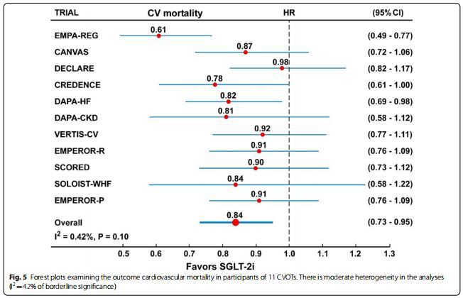 Fig. 5 Forest plots examining the outcome cardiovascular mortality in participants of 11 CVOTs. There is moderate heterogeneity in the analyses  (I2=42% of borderline signifcance)