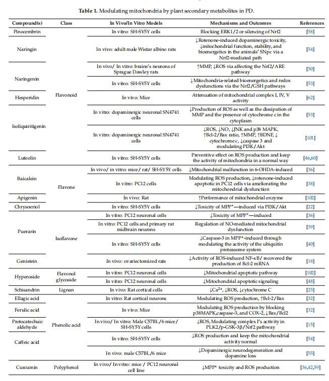Modulating mitochondria by plant secondary metabolites in PD
