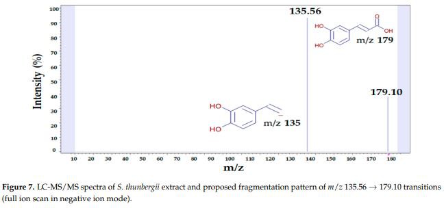 Figure 7. LC-MS/MS spectra of S. thunbergii extract and proposed fragmentation pattern of m/z 135.56 → 179.10 transitions (full ion scan in negative ion mode)