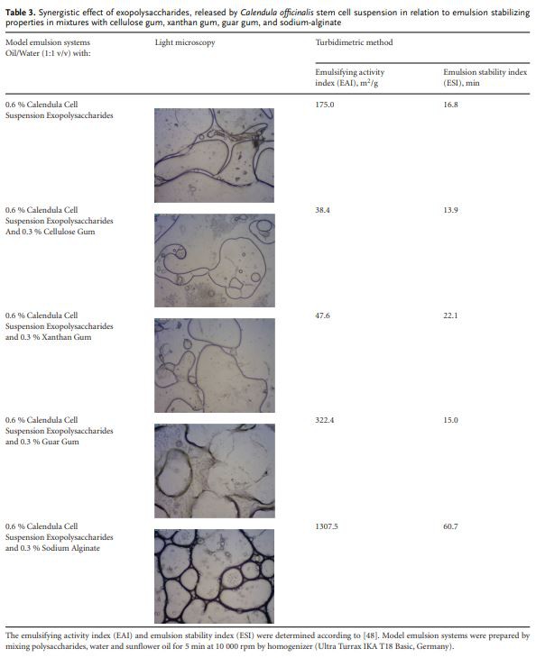 Table 3. Synergistic effect of exopolysaccharides, released by Calendula officinalis stem cell suspension in relation to emulsion stabilizing properties in mixtures with cellulose gum, xanthan gum, guar gum, and sodium-alginate