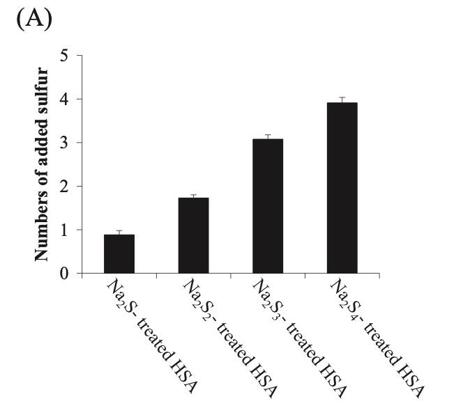 (A) Valance dependency for adding sulfur to HSA with Na2Sn. Sulfane sulfur in Na2Sn-treated HSA samples were measured by EMSP.