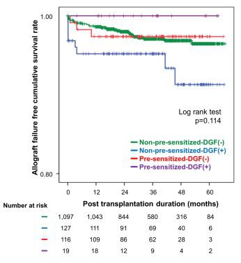 Figure 3. Kaplan–Meier estimates of death-censored allograf survival according to DGF and pre-sensitization  status.