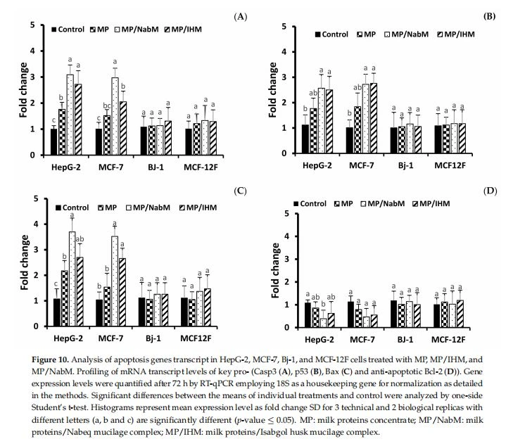 Analysis of apoptosis genes transcript in HepG-2, MCF-7, Bj-1, and MCF-12F cells treated with MP, MP/IHM, and MP/NabM. Profiling of mRNA transcript levels of key pro- (Casp3 (A), p53 (B), Bax (C) and anti-apoptotic Bcl-2 (D)). Gene expression levels were quantified after 72 h by RT-qPCR employing 18S as a housekeeping gene for normalization as detailed in the methods. Significant differences between the means of individual treatments and control were analyzed by one-side Student’s t-test. Histograms represent mean expression level as fold change SD for 3 technical and 2 biological replicas with different letters (a, b and c) are significantly different (p-value ≤ 0.05). MP: milk proteins concentrate; MP/NabM: milk proteins/Nabeq mucilage complex; MP/IHM: milk proteins/Isabgol husk mucilage complex