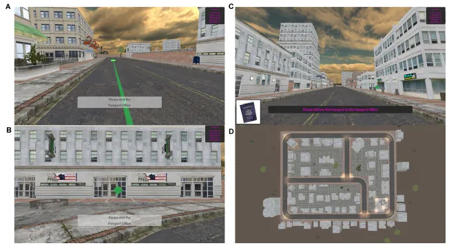 FIGURE 1 | Spatial Navigation Tests. (A) Example scene in the encoding phase- green path with arrows leading to the landmark. (B) Example scene in the remembering phase. (C) Example landmark with a green diamond marker. (D) Aerial map of the game environment.