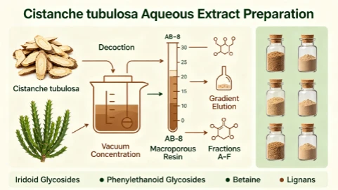 Preparation workflow of *Cistanche tubulosa* aqueous extract and sequential fractionation for phytochemical profiling. Preparation workflow of *Cistanche tubulosa* aqueous extract and sequential fractionation for phytochemical profiling.