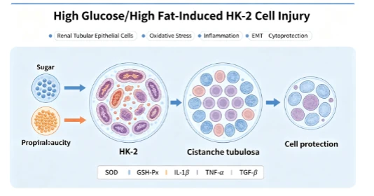 High glucose/high fat-induced HK-2 cell injury and cytoprotective effects of *Cistanche tubulosa* active components. High glucose/high fat-induced HK-2 cell injury and cytoprotective effects of *Cistanche tubulosa* active components.