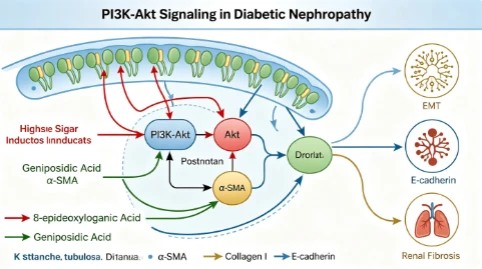 Proposed mechanism: 8-epideoxyloganic acid and geniposidic acid attenuate renal injury via the PI3K-Akt signalling pathway. Proposed mechanism: 8-epideoxyloganic acid and geniposidic acid attenuate renal injury via the PI3K-Akt signalling pathway.